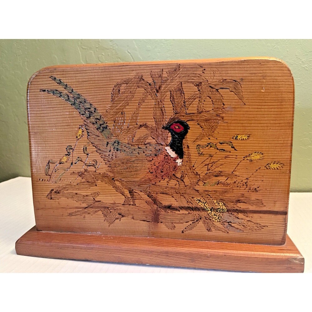 Vintage Wooden Pheasant Hand Made Etching Folk Art Craft Display Lodge Bird Hunt